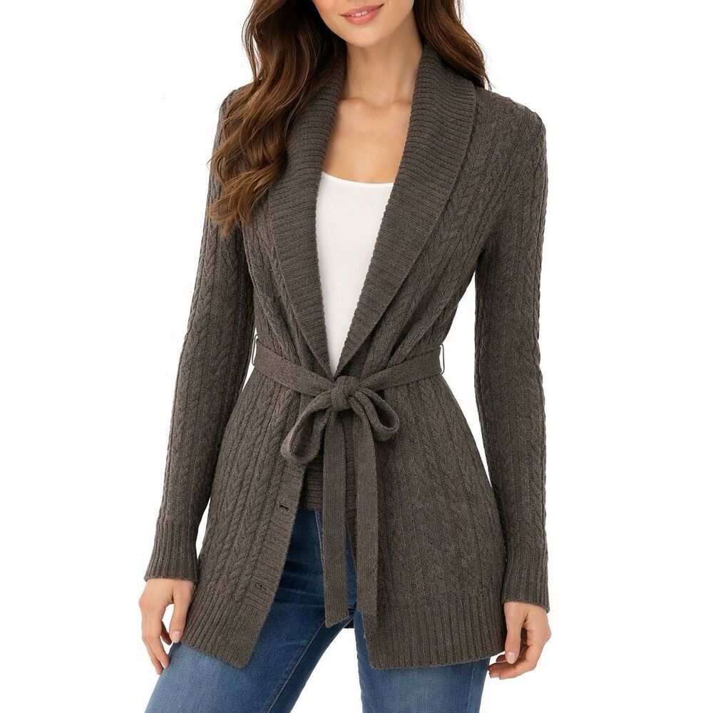 Evie 100% cashmere grey cableknit tie waist cardigan M